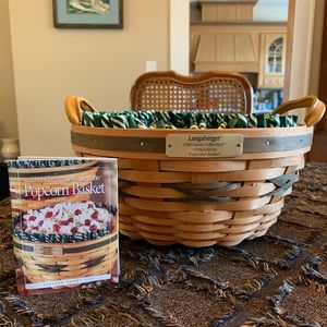 Longaberger 1999 Christmas Coll. Popcorn Basket w/Leather Handles, Liner & Prot.